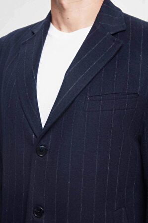 Ds Damat Regular Fit Lacivert Çizgili Yünlü Palto 1HF083220016M