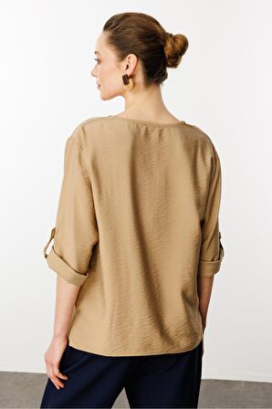 Kadın Açma Yaka Yakası Etnik Nakışlı Gömlek Taş