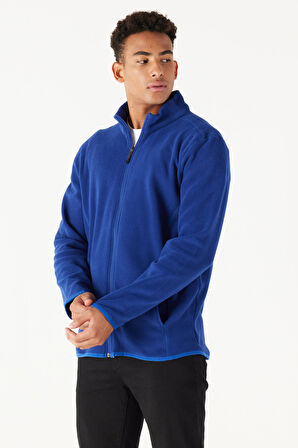 Erkek Saks Mavi Anti-pilling Tüylenme Yapmayan Standart Fit Bato Yaka Sweatshirt Polar Ceket