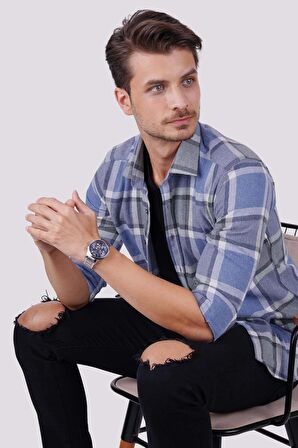 Mavi Gri Kareli Slimfit Oduncu Gömlek
