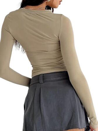 Bej Bisiklet Yaka Bluz Darkalıp Ribana Kumaş Günlük Basic Body