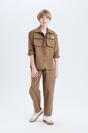 Erkek Çocuk Oversize Geniş Kalıp Polo Yaka Gabardin Uzun Kollu Gömlek