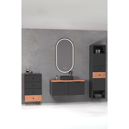 BELISSIMO 100 CM ANTRASİT LAVABOLU BANYO DOLABI  ANTRASİT /  KAYIN - YAN ÜNİTE VE BOY DOLAP DAHİL