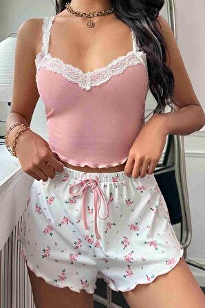 Merry See Çiçek Desenli Dantel Askılı Şortlu Pijama Takımı Çok Renkli
