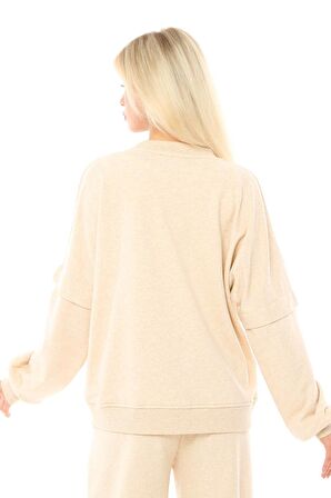 defy's Kadın Oversize Sweat Kol Detaylı Bej Melanj