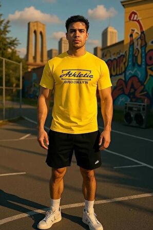 Erkek Sarı Slim Fit Kabartma Baskılı Pamuklu T-Shirt