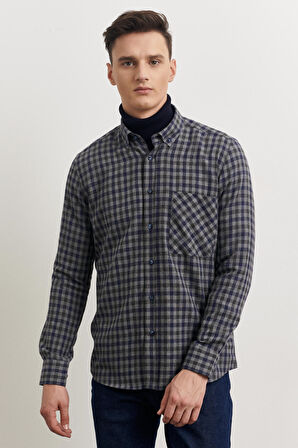 Erkek Gri-lacivert Slim Fit Dar Kesim Düğmeli Yaka Pötikareli Oduncu Gömlek