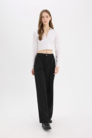 Wide Leg Fleto Cepli Yüksek Bel Standart Boy Pantolon