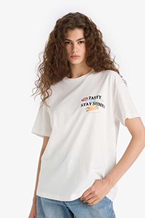 Oversize Geniş Kalıp Bisiklet Yaka Baskılı Kısa Kollu Tişört
