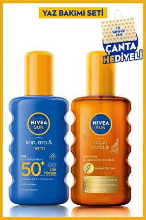 SUN SPF50 Güneş Koruyucu Sprey 200ml ve Karoten Özü Bronzlaştırıcı Yağ Spreyi 200ml, Çanta Hediyeli