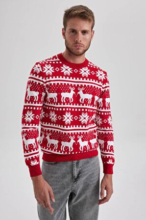 DeFacto Standart Fit Yılbaşı Temalı Bisiklet Yaka Triko Kazak B2356AX23WNRD292