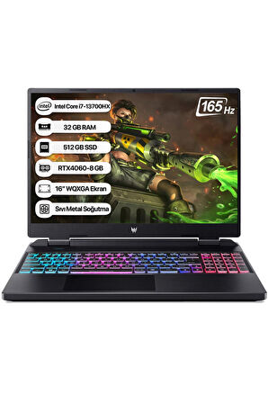 Acer Predator Intel i7 13700HX 32GB 512GB SSD RTX4060-8GB Dos 16" WQXGA 165Hz Taşınabilir Bilgisayar NH.QLUEY.004-32