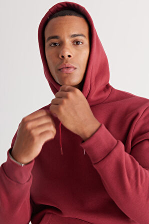 Erkek Bordo Standart Fit Içi Polarlı 3 Iplik Kapüşonlu Kanguru Cepli Pamuklu Sweatshirt