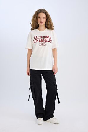 DeFacto Oversize Geniş Kalıp Bisiklet Yaka Baskılı Kısa Kollu Tişört D9608AX25SMWT32