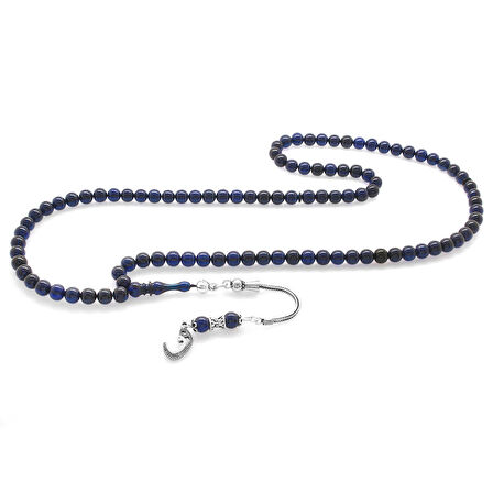 Tesbihane -  925 Ayar Gümüş Püsküllü Küre Kesim Lacivert Sıkma Kehribar 99luk Tesbih