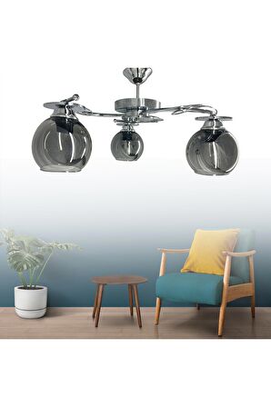 İlay Krom 3'lü Füme Camlı Avize | Kaliteli Modern Metal Avize