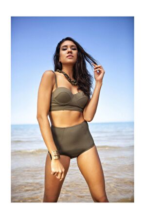 Haki Yeşil Yüksek Bel Bikini Alt Üst Takım