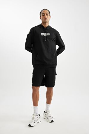 DeFactoFit Siyah NBA Brooklyn Nets Comfort Fit Kapüşonlu Sırt Baskılı Sweatshirt C9252AX24AUBK81