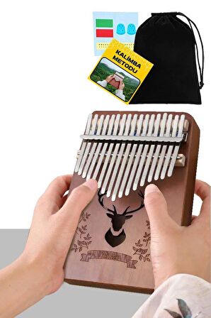 Midex KLX-880 Hakiki Ağaç Kalimba Geyik Desenli Ahşap Full Set 17 Çelik Tuşlu