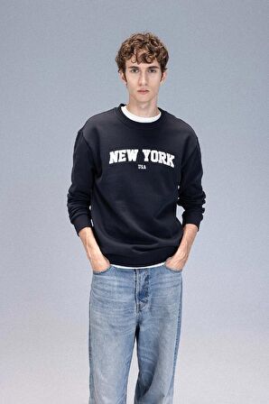 Relax Fit Bisiklet Yaka Baskılı Kalın Kumaş Sweatshirt