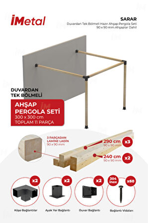 İmetal Sarar Duvardan Tek Bölümlü Hazır Ahşap Pergola Seti 90x90  mm Ahşaplar Dahil