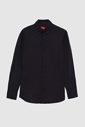 Ds Damat Comfort Siyah Düğmeli Yaka Rahat Kesim Keten Görünümlü %100 Pamuk Gömlek 2HC02ORT64265 2HC02ORT64265