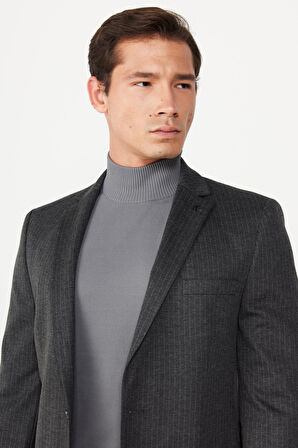 Erkek Antrasit Slim Fit Dar Kesim Mono Yaka Çizgili Takım Elbise