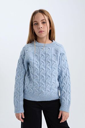 DeFacto Kız Çocuk Standart Fit Bisiklet Yaka Saç Örgülü Triko Kazak C9539A824WNBE745
