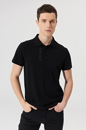Erkek Siyah Slim Fit Dar Kesim Polo Yaka %100 Pamuk Kısa Kollu Baskılı Tişört