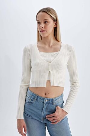 DeFacto Regular Fit Crop Düğmeli V Yaka Triko Hırka A2076AX24AUER103