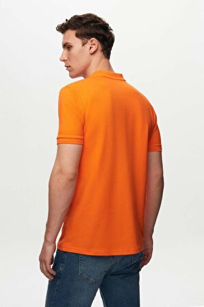 Regular Fit Turuncu Pike Dokulu %100 Pamuk Kıvrılmaz Polo Yaka Nakışlı T-shirt 4HC14ORT51000