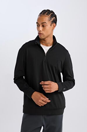 DeFactoFit Standart Fit Dik Yaka Fermuarlı Skuba Dalgıç Kumaş Sporcu Sweatshirt C9172AX24AUBK81