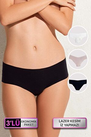 3'lü Ekonomik Paket Siyah-Beyaz-Ten 2900 Lazer Kesim İz Yapmayan Micro Hipster Külot (Pamuklu Ağ)