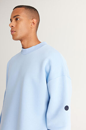 Erkek Açık Mavi Oversize Fit Bol Kesim Içi Polarlı 3 Iplik Pamuklu Baskılı Sweatshirt