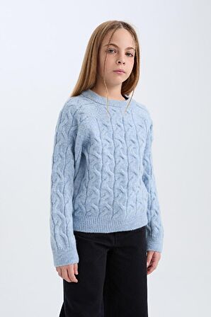 Kız Çocuk Standart Fit Bisiklet Yaka Saç Örgülü Kazak