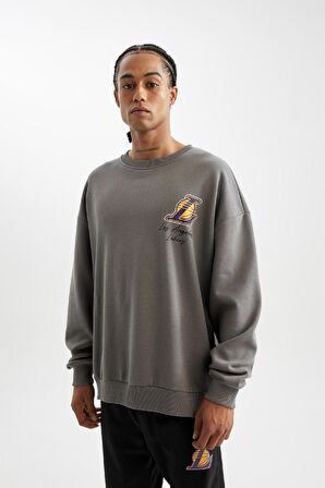 DeFactoFit NBA Los Angeles Lakers Oversize Geniş Kalıp Bisiklet Yaka Sırt Baskılı Kalın Sweatshirt C9254AX24AUGR211