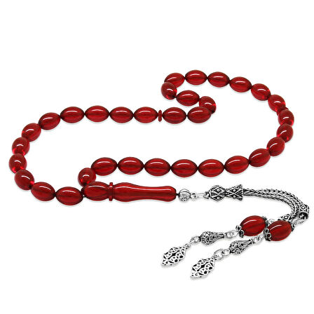 925 Ayar Gümüş Çift Püsküllü Arpa Kesim Bayrak Kırmızı Ateş Kehribar Tesbih