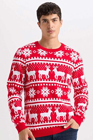 DeFacto Kırmızı Standart Fit Yılbaşı Temalı Bisiklet Yaka Triko Kazak B2356AX24WNRD292