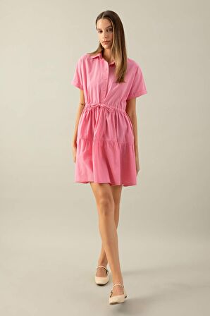 DeFacto Gömlek Yaka Beli Büzgülü Poplin Kısa Kollu Mini Pembe Elbise C5698AX24SMPN237