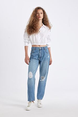 DeFacto Oversize Geniş Kalıp Basic Düz Etek Ucu Lastikli Poplin Uzun Kollu Gömlek D4006AX24AUWT34