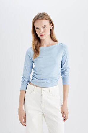 DeFacto Fitted Vücuda Oturan Kayık Yaka Basic Düz Uzun Kollu Tişört C4577AX24AUBE196