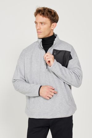 Erkek Gri Melanj Oversize Fit Genis Kesim Bato Yaka Cep Detayli Fermuarli Isi Tutan Polar Sweatshirt