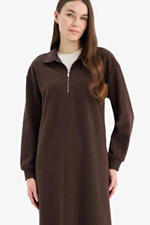 DeFacto Loose Fit Fermuarlı Polo Yaka Selanik Kumaş Basic Düz Uzun Kollu Midi Elbise F1640AX25SPBN595