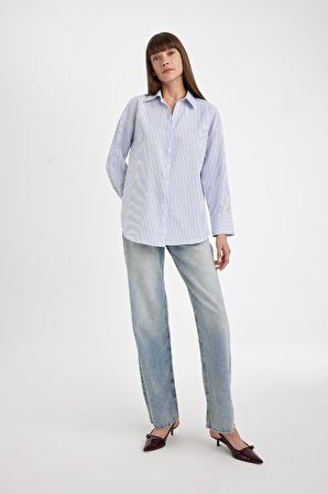 DeFacto Oversize Geniş Kalıp Çizgili Oxford Uzun Kollu Gömlek D4512AX24AUBE503