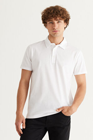 Erkek Beyaz Slim Fit Dar Kesim Polo Yaka %100 Pamuk Kısa Kollu Tişört