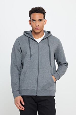 Erkek Antrasit-melanj Standart Fit Normal Kesim Kapüşonlu Fermuarlı Sweatshirt Ceket