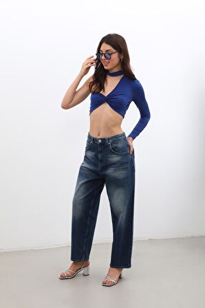 Kadın Yüksek Bel Skater Fit Jean Pantolon Lacivert