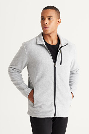 Erkek Gri Melanj Standart Fit Bato Yaka Cepli Fermuarlı Soğuk Geçirmez Sweatshirt Polar Ceket