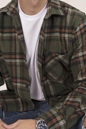 Asker Yeşili Turuncu Geçişli Oversize Kalın Oduncu Gömlek