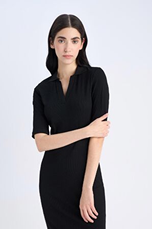 DeFacto Bodycon Vücudu Saran Polo Yaka Fitilli Kaşkorse Kısa Kollu Midi Elbise E6806AX25SPBK27